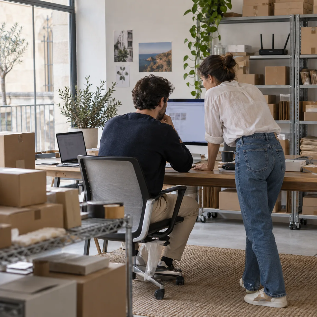 Dos profesionales revisan pedidos digitales en una pequeña empresa