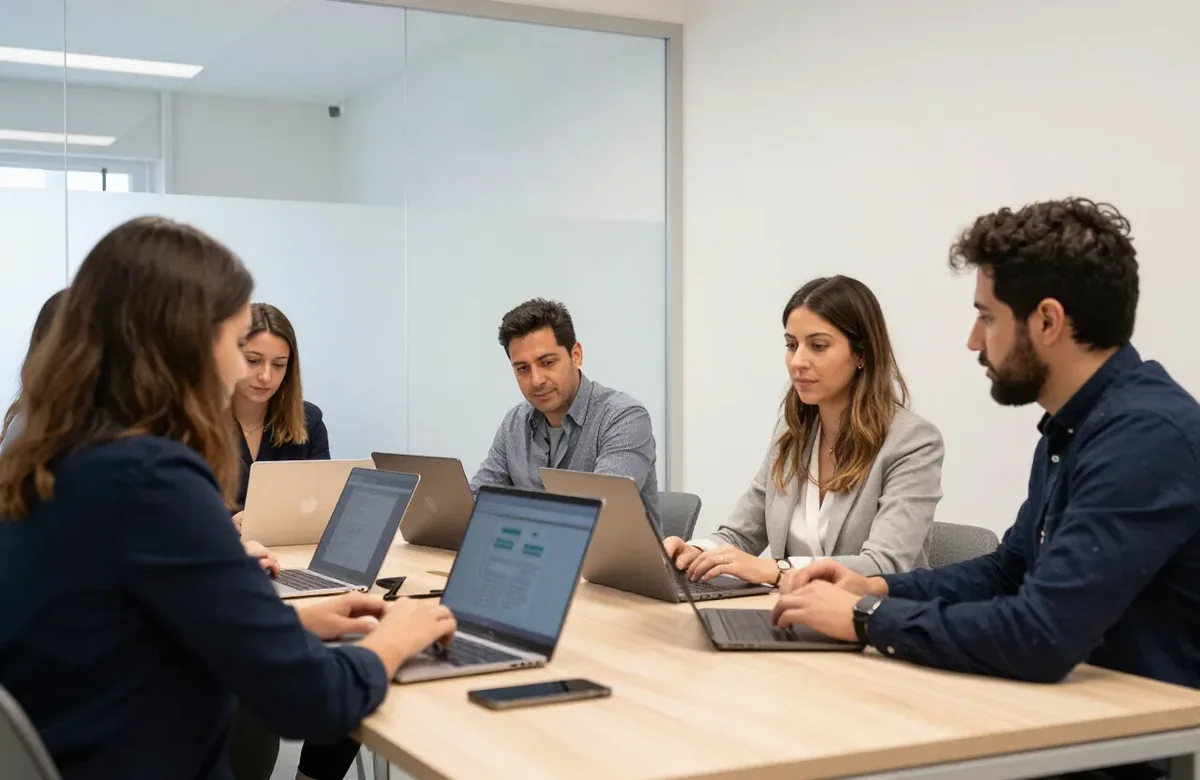 Equipo de una pequeña empresa trabajando alrededor de una mesa