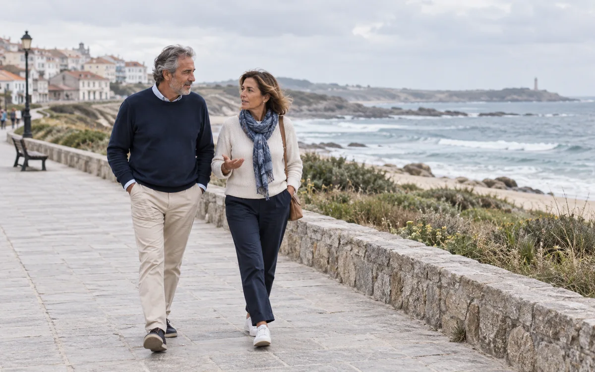 Una pareja adulta recorre un paseo costero en una mañana tranquila