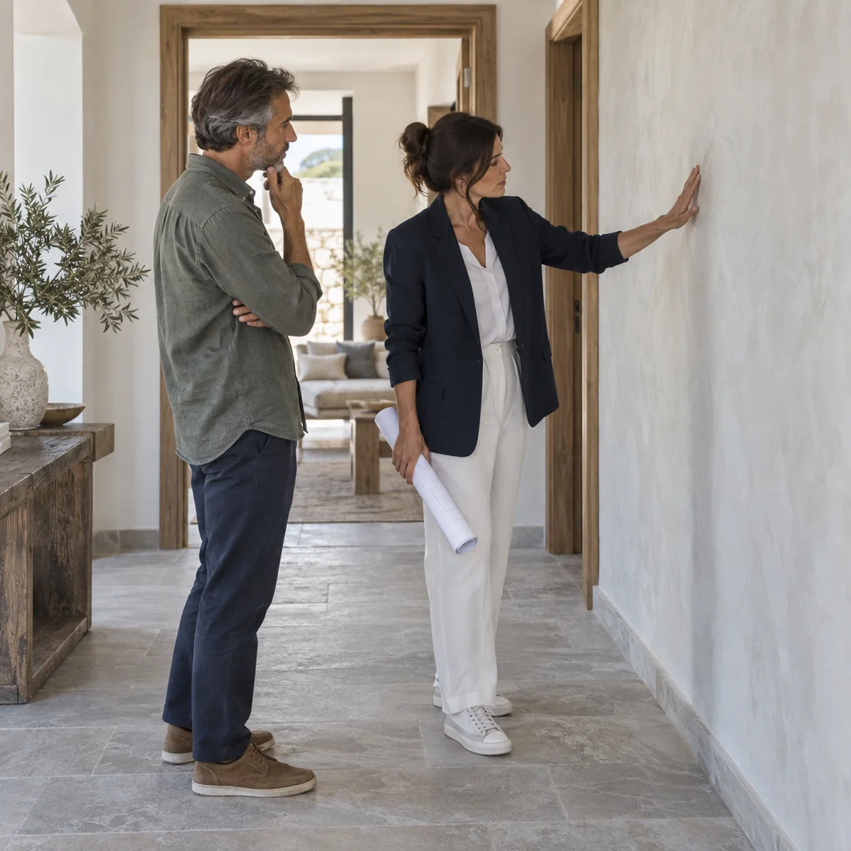 Una arquitecta revisa un acabado de vivienda con un cliente