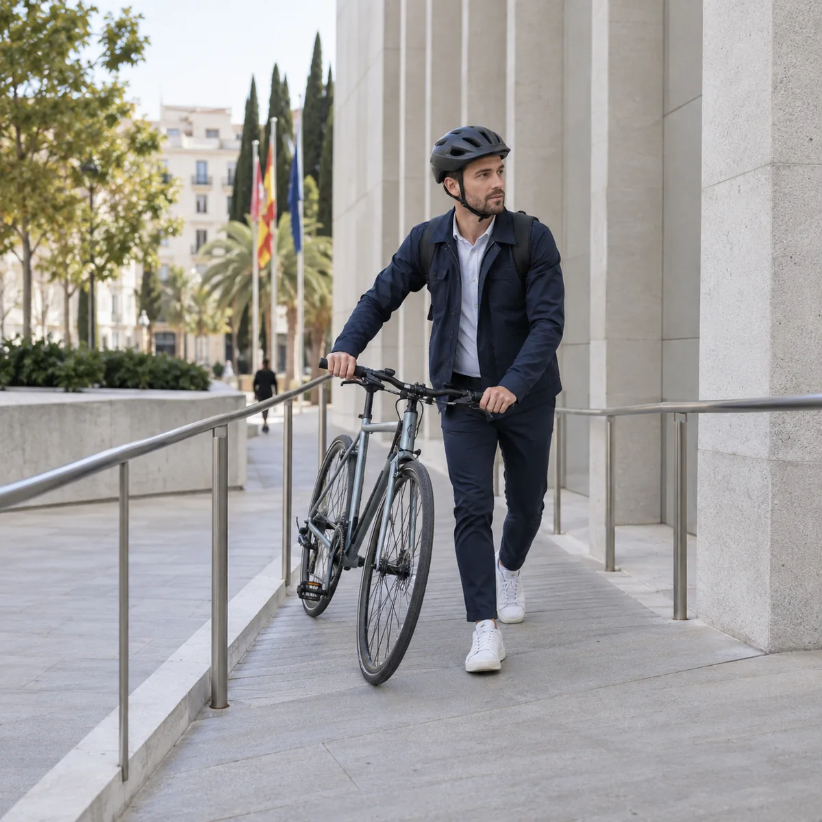 Un ciclista con casco acompaña su bicicleta por una rampa urbana