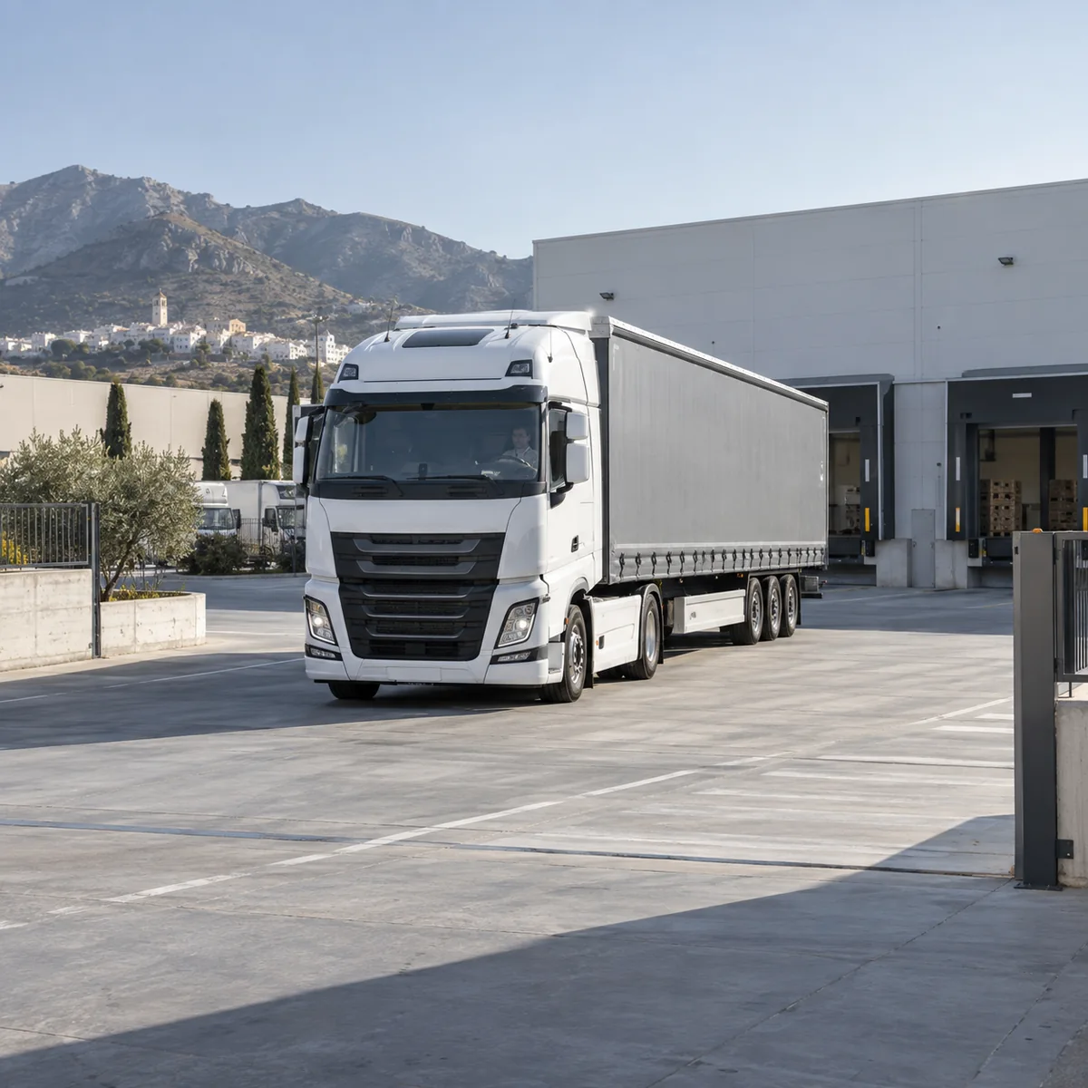 Un camión articulado entra en una plataforma logística