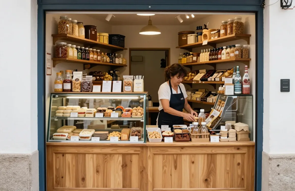 Una comerciante atiende el mostrador de su tienda de alimentación