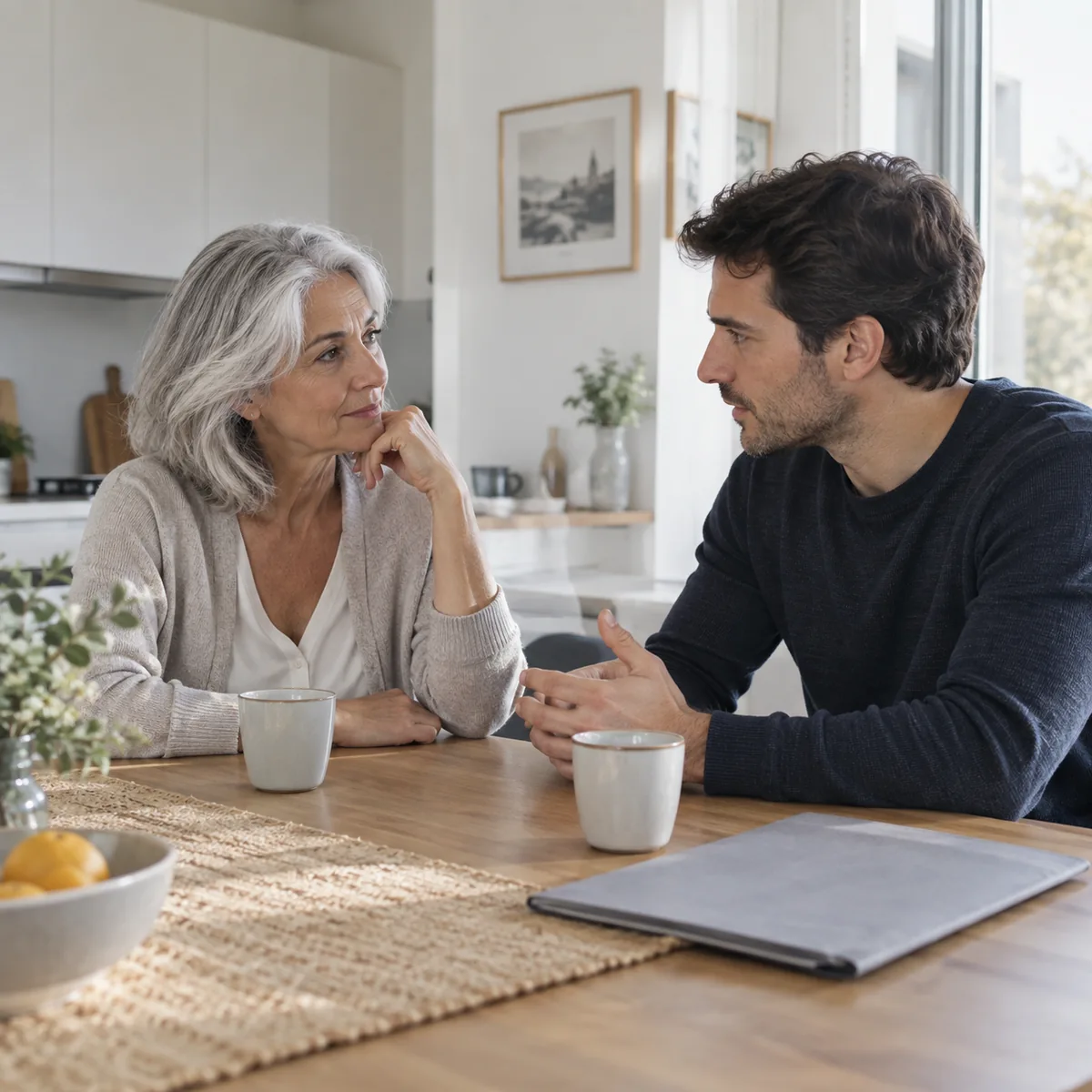 Dos generaciones adultas comparten una conversación tranquila en casa