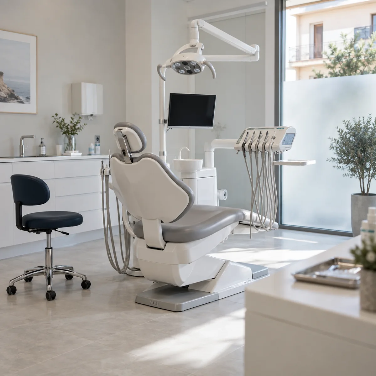 Gabinete dental contemporáneo con equipamiento y luz natural