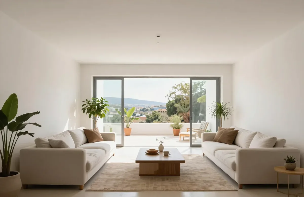 Salón luminoso con sofás claros, plantas y salida a una terraza