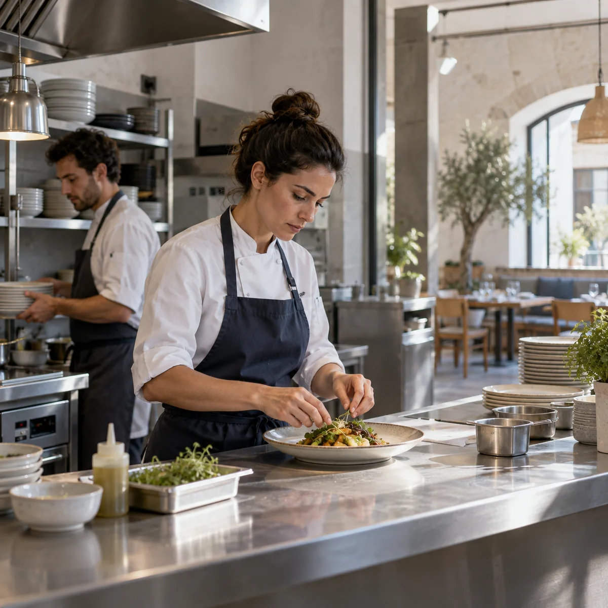 Una cocinera prepara un plato en el pase de un restaurante