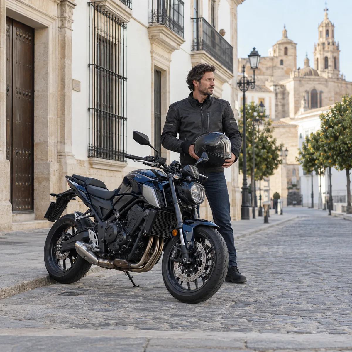Un motorista junto a su moto en una calle de arquitectura andaluza