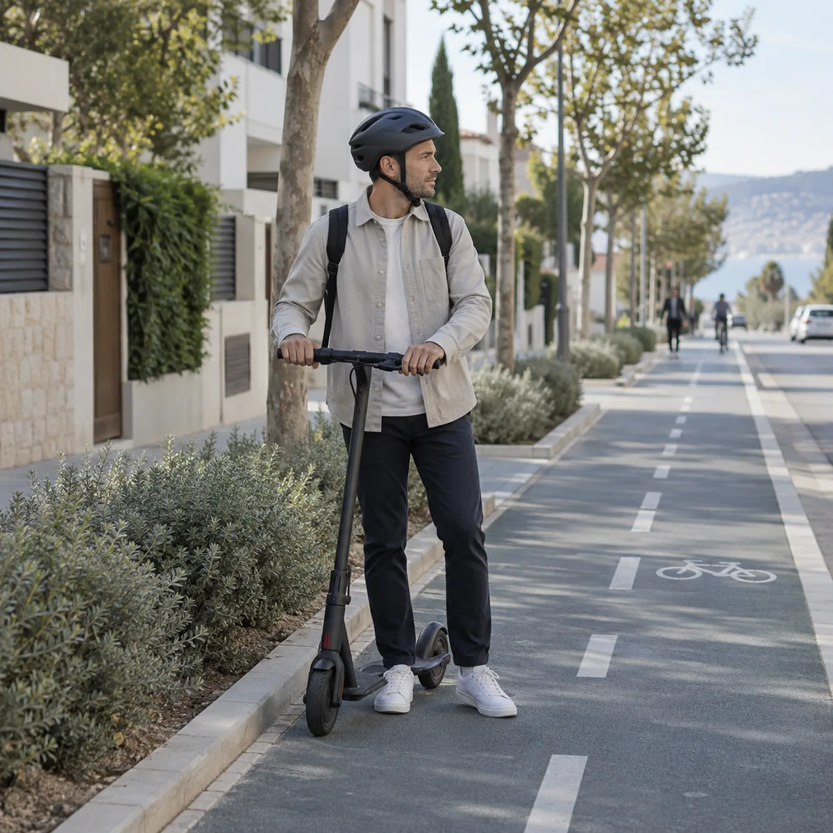 Una persona con casco junto a su patinete eléctrico en un entorno urbano