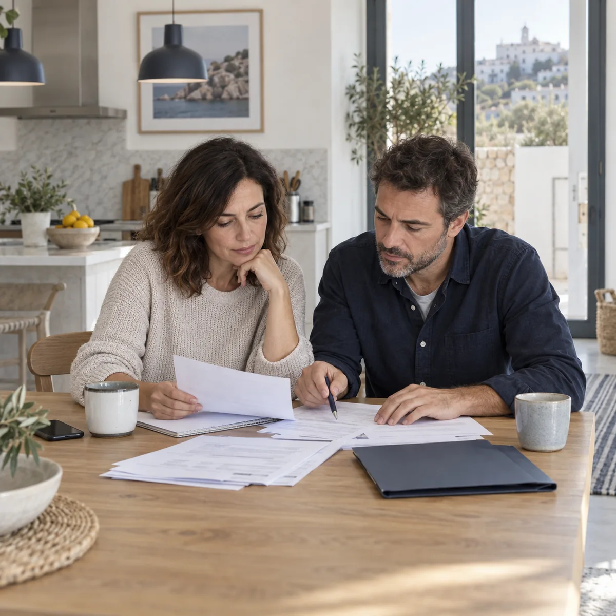 Una pareja ordena documentación en la mesa de su vivienda
