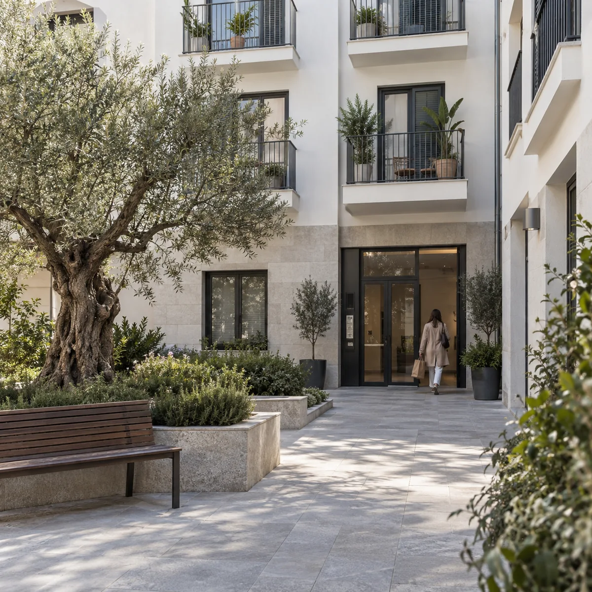 Patio y acceso compartido de un edificio residencial contemporáneo