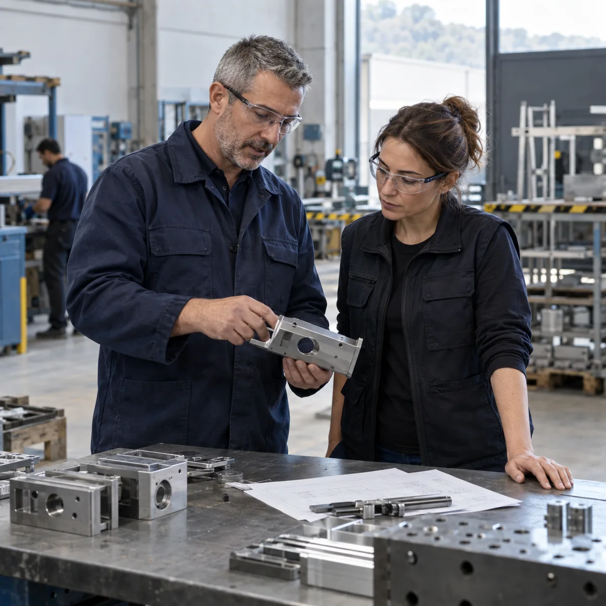 Dos profesionales revisan una pieza en un taller industrial